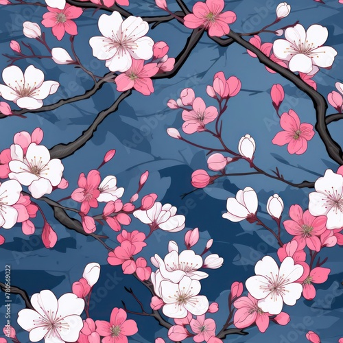 Whimsical cherry blossom dance seamless vector pattern, capturing the beauty of spring