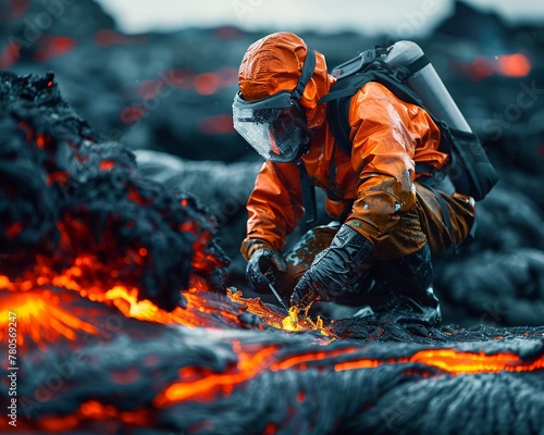 Volcanologist sampling lava, protective gear, vibrant molten flow,  photo