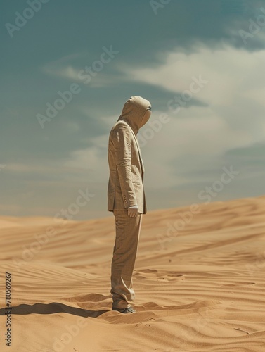 Wearer of climate adaptation suit in desert, mirage effect, midday, professional color grading, clean sharp,clean sharp focus, digital photography © Pakorn