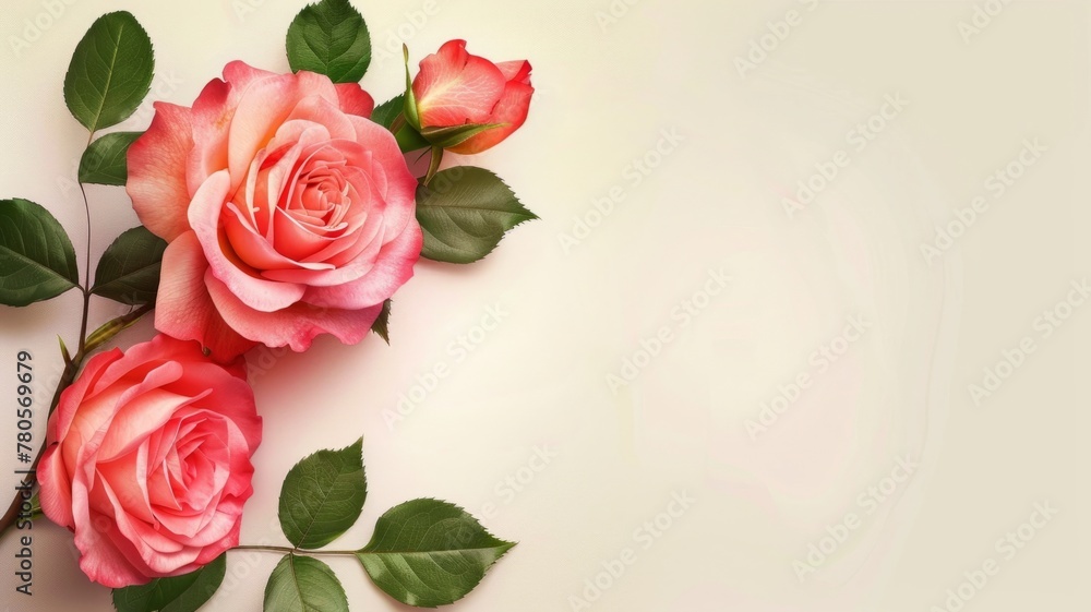Pastel pink roses lying on a neutral surface - Beautiful pink roses arranged on a light background, creating a delicate and romantic atmosphere in the image