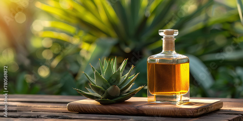 Bottle of tequila and agave plant on wooden board outdoor © Oleksandr