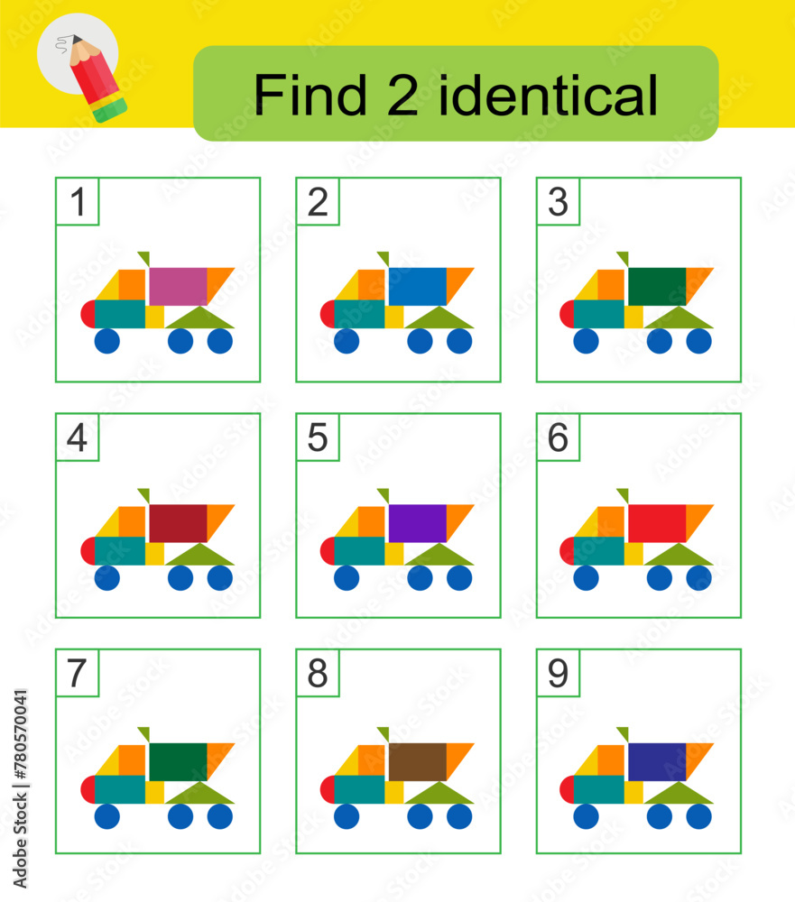 Fun puzzle game for kids. Need to find two identical dump trucks. Answer is 3,7. Fun puzzle game for kids. Need to find two identical dump trucks. Answer is 3,7.