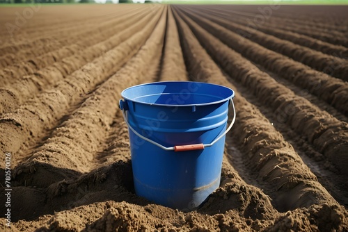 A blue bucket in the middle of the ground.