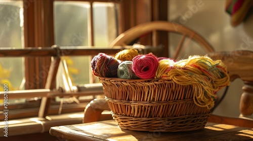 A handwoven basket filled with vintage, handdyed yarns, beside a wooden knitting loom in a sunlit corner ,soft shadowns, no contrast, clean sharp,clean sharp focus, digital photography photo