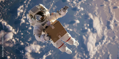 Astronaut with cardboard box delivery in space