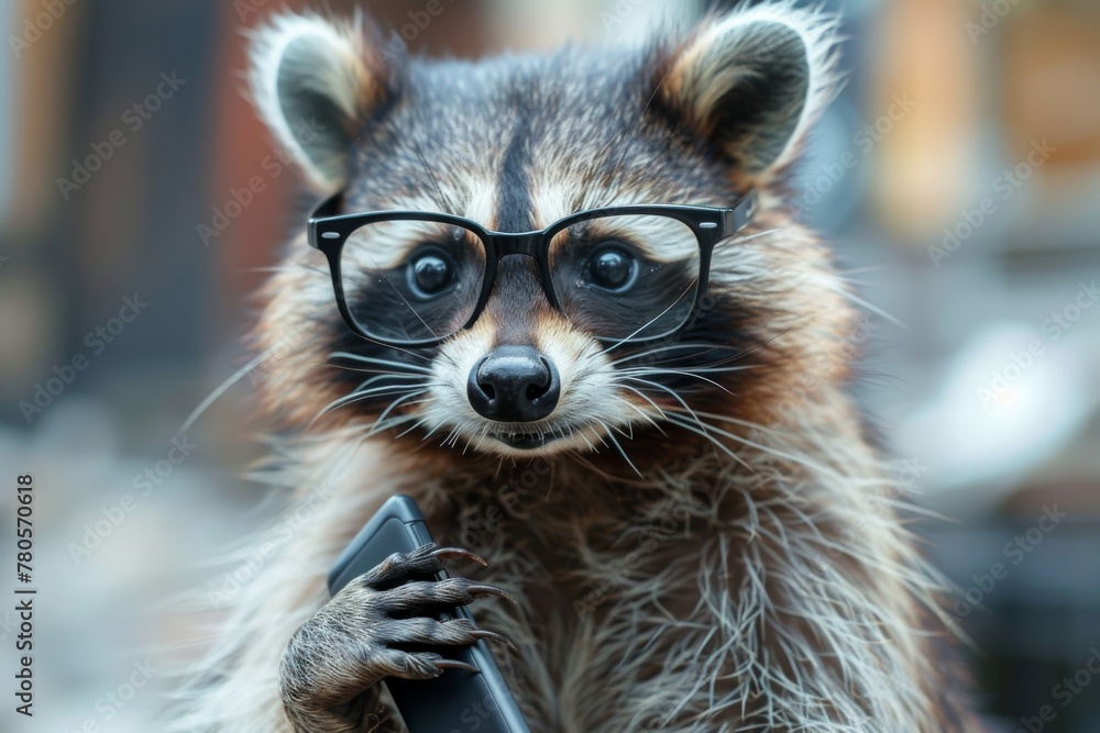 Smart raccoon with a phone and glasses