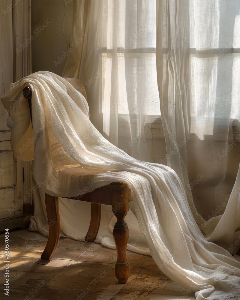A soft, woven cloth draped over a quaint, oldfashioned chair, adding a touch of warmth to a sunny corner A soft, woven cloth draped over a quaint, oldfashioned chair, adding a touch of warmth to a sunny corner