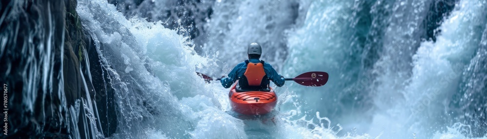 Captivating image of adventure travel as a kayaker stares down a roaring waterfall, answering the wild's beckoning.