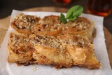 Eastern sweets. Pieces of tasty baklava on table, closeup