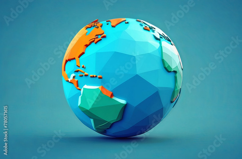 Low poly globe art with world map on electric blue glass background