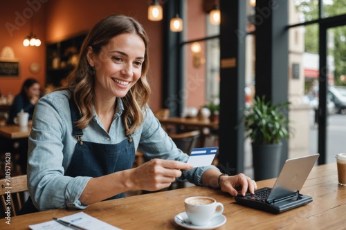 Woman paying owner with credit card at cafe photo