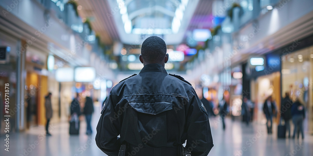 Guardian of a busy mall: a security guard on duty. Concept Security Guardian of a busy mall: a security guard on duty. Concept Security