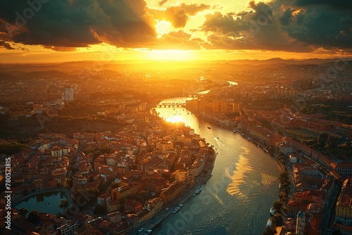 Sunset casting a beautiful glow over a city and river from an aerial view