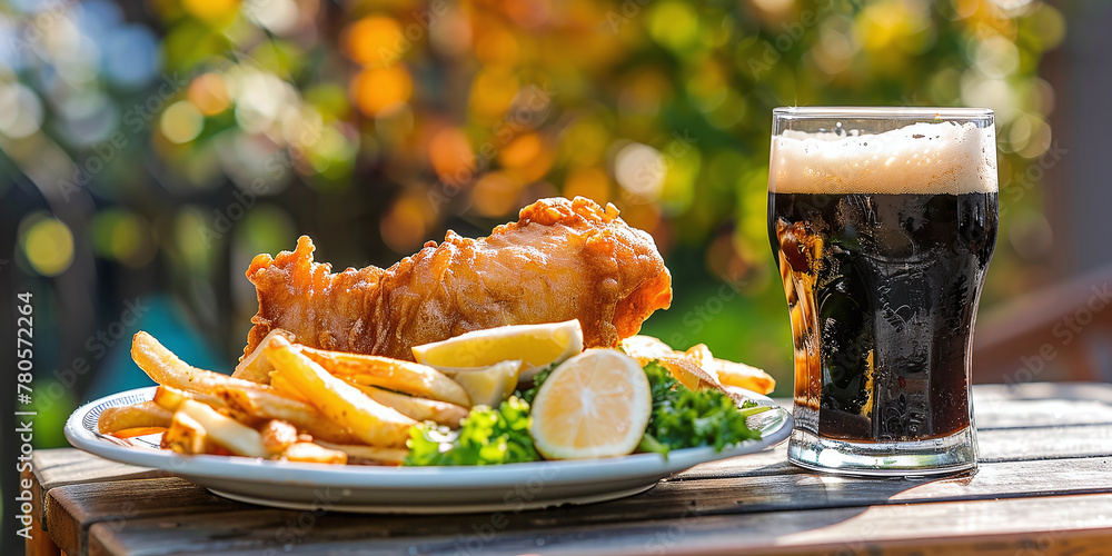 Obraz premium Delicious fish and chips on a wooden table in a street cafe in Ireland. Crispy fish in beer batter, fresh hot French fries and a glass of dark strong beer. Traditional Irish food