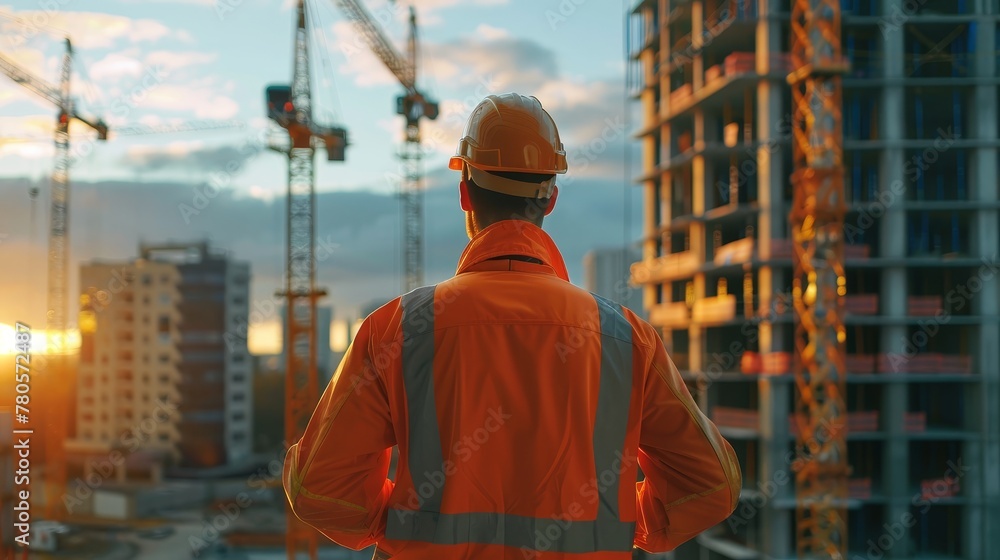 Safety-geared engineer scrutinizes construction progress, vivid details in 4K, dynamic site background Safety-geared engineer scrutinizes construction progress, vivid details in 4K, dynamic site background