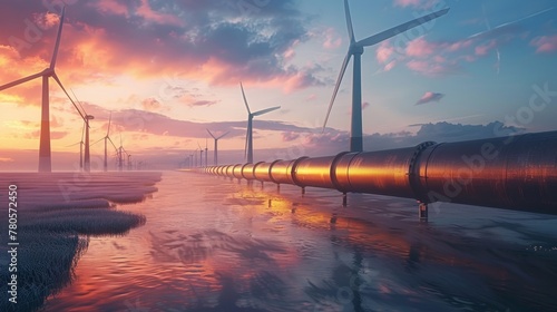 Hydrogen pipeline beside wind turbines, symbolizing sustainable fuel infrastructure, 4K realism