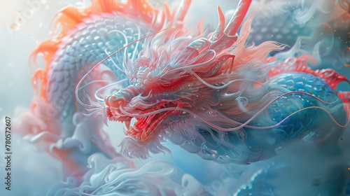 A close up of a dragon with red and blue colors, AI