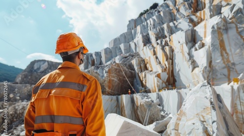 Close-up of engineer evaluating marble extraction process, highlighting safety gear and quarry backdrop, ultra HD photo