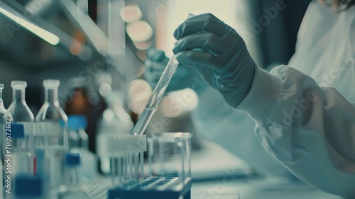 Close-up of scientists conducting DNA tests, tube in hand, focused detail, realistic 4K quality