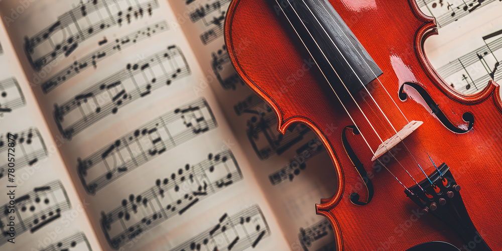 Fototapeta premium violin over music sheets. Classical music concept