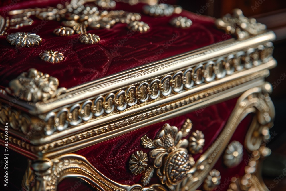 Close-up of an opulent velvet wine-colored jewelry box with ornate gold and silver filigree detailing