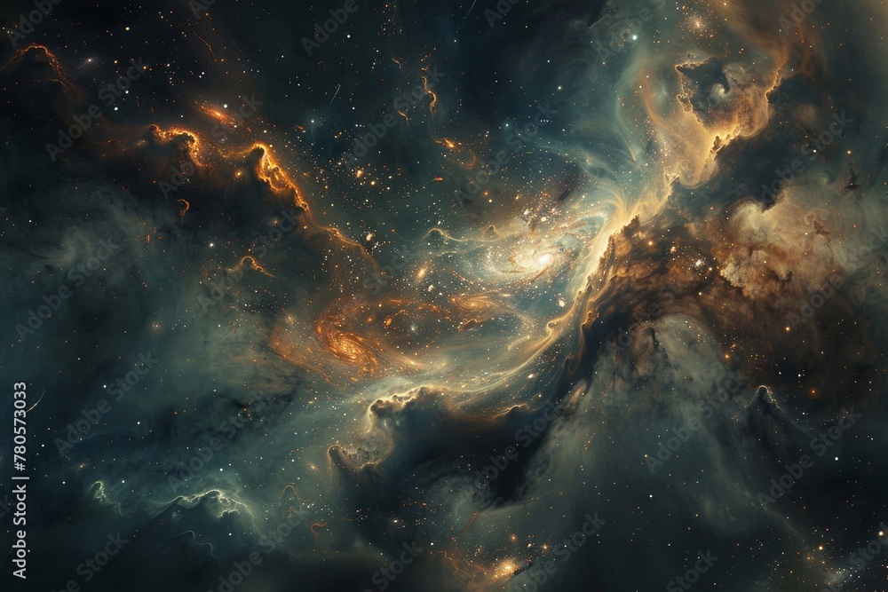 Obraz premium Interstellar clouds in the galaxy with glowing nebulae and dark molecular clouds swirling amidst a cosmic sea.