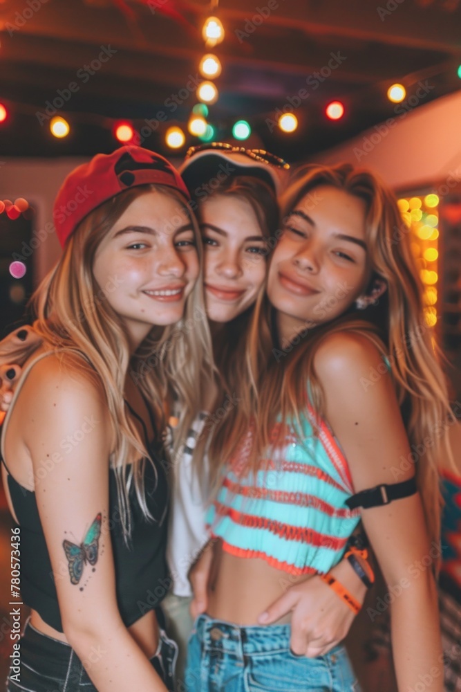 Lesbian girls friends hugging and having fun at a night party Lesbian girls friends hugging and having fun at a night party