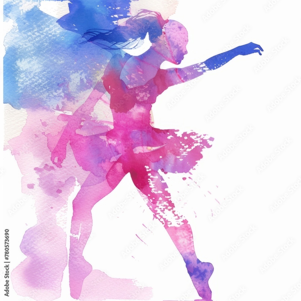 Dancing Woman Abstract Watercolor Art - This vibrant watercolor depicts a dancing woman, blending movement with a fusion of pink and blue hues