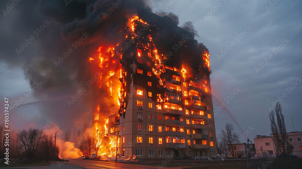 a multi-story residential building is engulfed in flames