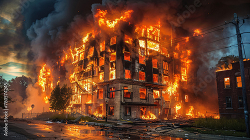 a multi-story residential building is engulfed in flames