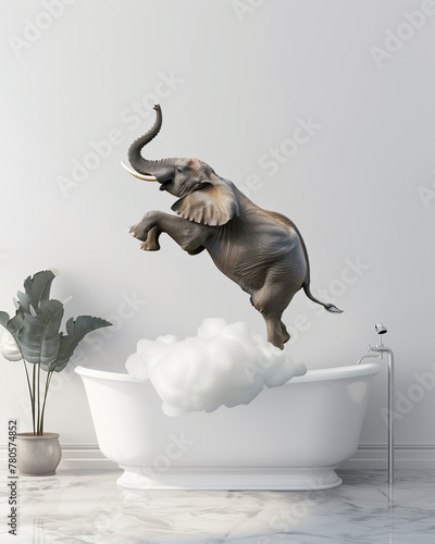 A photo of an elephant sitting in the bathtub, splashing water with its trunk. The background is a simple wall with white paneling. The overall mood is humorous and playful