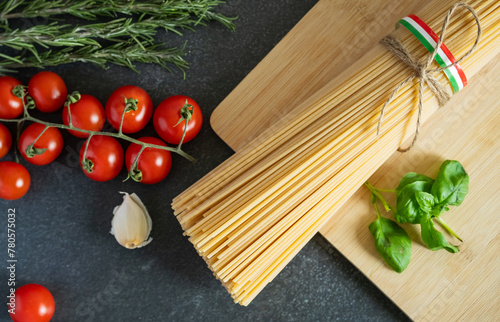 Italian kitchen with spaghetti pasta noodles raw ingredient 