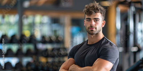young male fitness trainer on the background of the gym, small business concept