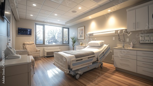 Comfortable hospital room with patient bed and modern medical equipment. Private healthcare facility designed for patient care and recovery. Cozy interior with a view and professional services. photo