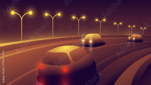 Blurred cars drive along the illuminated highway in the evening horizontal banner.
