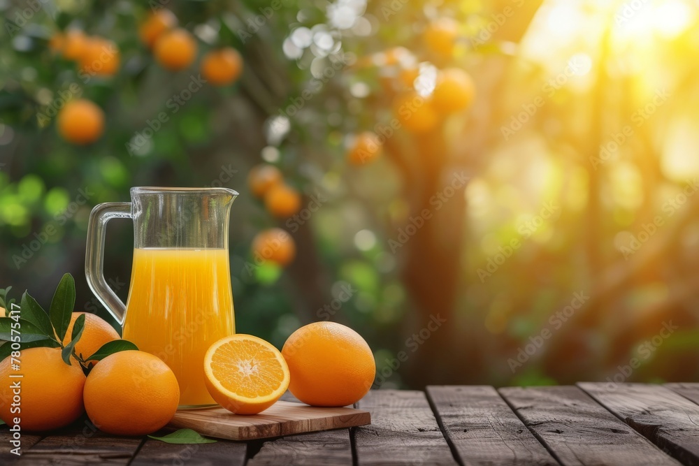 Naklejka premium Orange juice in a jar and oranges on a rustic table in a sunny garden with blurred background