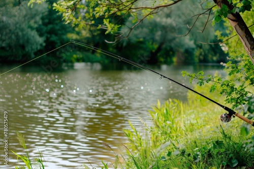 Fishing in river.A fisherman with a fishing rod on the river bank. Man fisherman catches a fish. Beautiful simple AI generated image in 4K, unique.