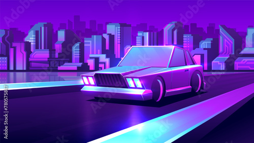 Vintage neon car 80s driving at night on the road on futuristic buildings background.