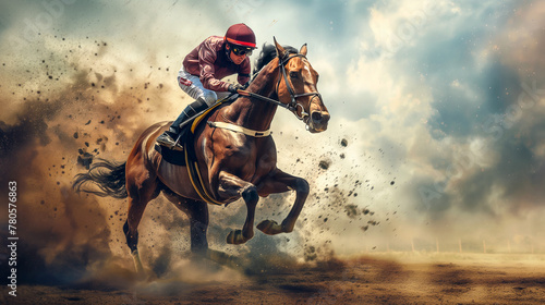 A horse is running in a horse race with a man in a red helmet on its back. The horse is kicking up dust as it runs photo
