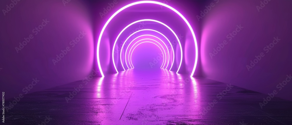 An eerie, mesmerizing tunnel of glowing neon rings in a dark, abandoned space, creating a surreal, hypnotic atmosphere. An eerie, mesmerizing tunnel of glowing neon rings in a dark, abandoned space, creating a surreal, hypnotic atmosphere.