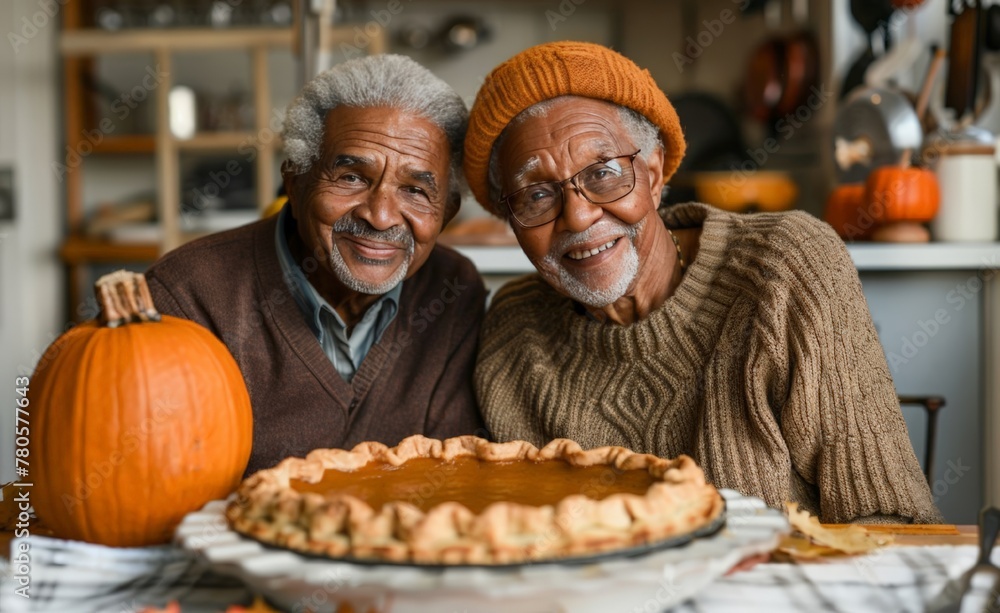 African american elderly couple with a large pumpkin pie in a light rustic kitchen. The concept of autumn seasonal pumpkin desserts. Autumn family tradition. African american elderly couple with a large pumpkin pie in a light rustic kitchen. The concept of autumn seasonal pumpkin desserts. Autumn family tradition.