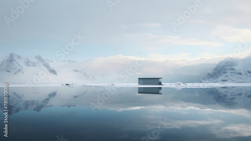 Digital white snow mountains and water surface architectural scenes abstract graphic poster web page PPT background