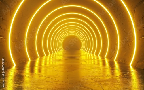 A captivating tunnel-like space surrounded by concentric arches of radiant, warm yellow light, creating a mesmerizing, otherworldly atmosphere.