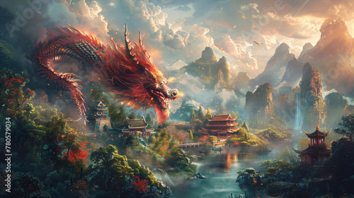 Mystical Dragons in Majestic Eastern Landscapes. Epic Fantasy Artwork Depicting Dragons and Humans in Harmony. Mythical Creatures and Ancient Architecture Concept for Cultural Storytelling  © Alexey