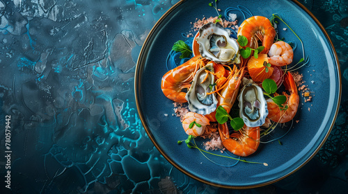 Seafood platter on a deep blue plate, capturing the essence of the ocean with an exquisite selection of seafood, artfully arranged to showcase the variety and freshness of the catch