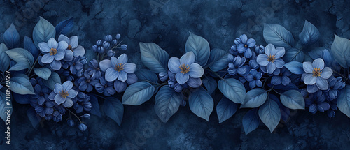 a many blue flowers on a blue background with leaves
