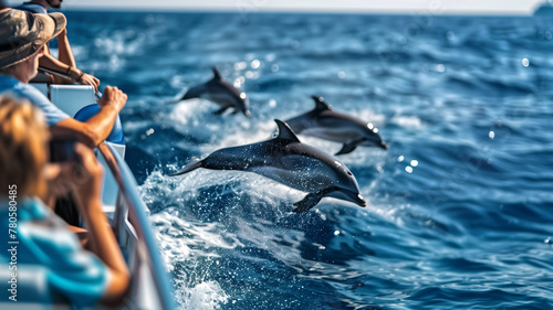 People on the boat were watching dolphins jump up. sea life animals photo