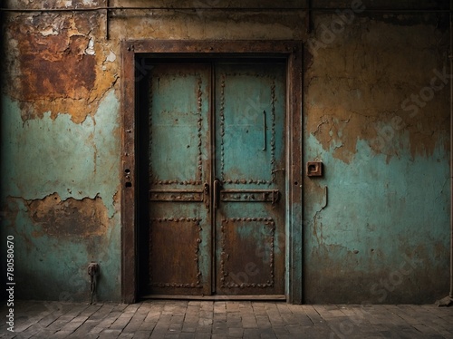 Pair of doors, once vibrant with teal hue, now bear marks of time, neglect. Rust has claimed parts of metal surface, paint has started to peel off, revealing faded walls around. Surrounding walls. photo
