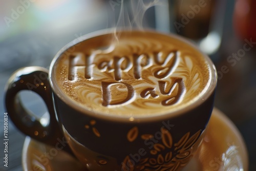 A close-up of a steaming cup of coffee with a  Happy Day  message written in the foam