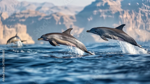 Dolphins jumping up from the ocean, sea life animals © Chananphat